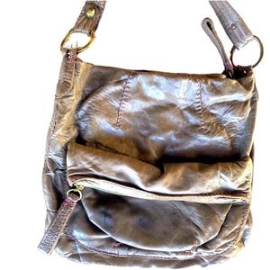 49 square miles Gray messenger bag with purple stitching and detachable strap